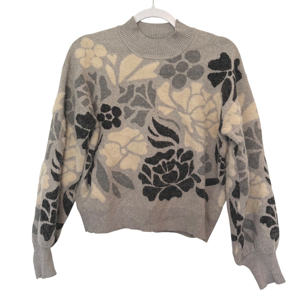 Truth by Republic Floral Sweater M Gray Coquette Soft Girl Knit Balloon Sleeve